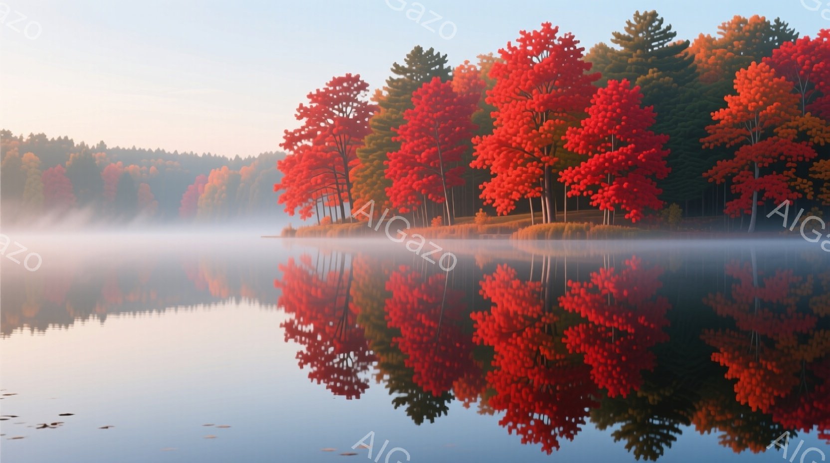 静かな湖面に、燃えるような赤色の紅葉が映り込み、幻想的な風景を作り出している。水面は霧に覆われ、まるで水墨画のような穏やかな雰囲気が漂う。背景には緑の木々が広がり、秋の深まりを感じさせる美しい光景だ。 - AI生成フリー素材