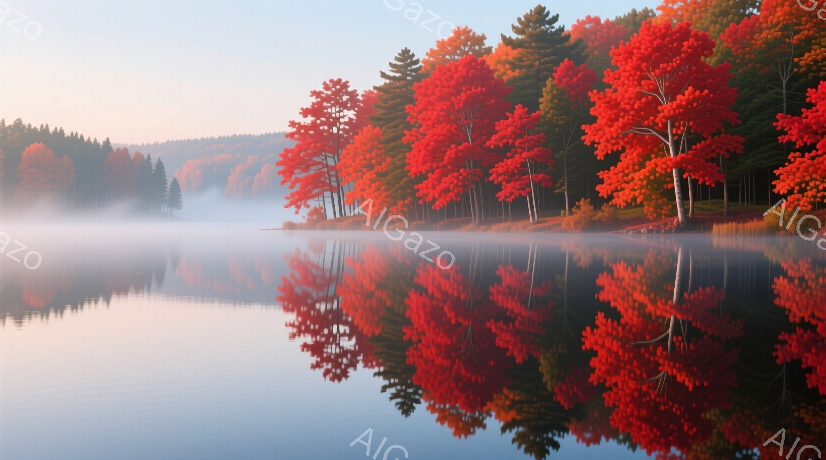 深紅と黄金色の紅葉が湖面に鮮やかに映り込み、まるで絵画のような風景が広がっています。朝霧が湖の一部を覆い、幻想的な雰囲気を醸し出しており、静寂と自然の美しさを感じさせます。木々は密集し、水面に完璧な鏡 - AI生成フリー素材