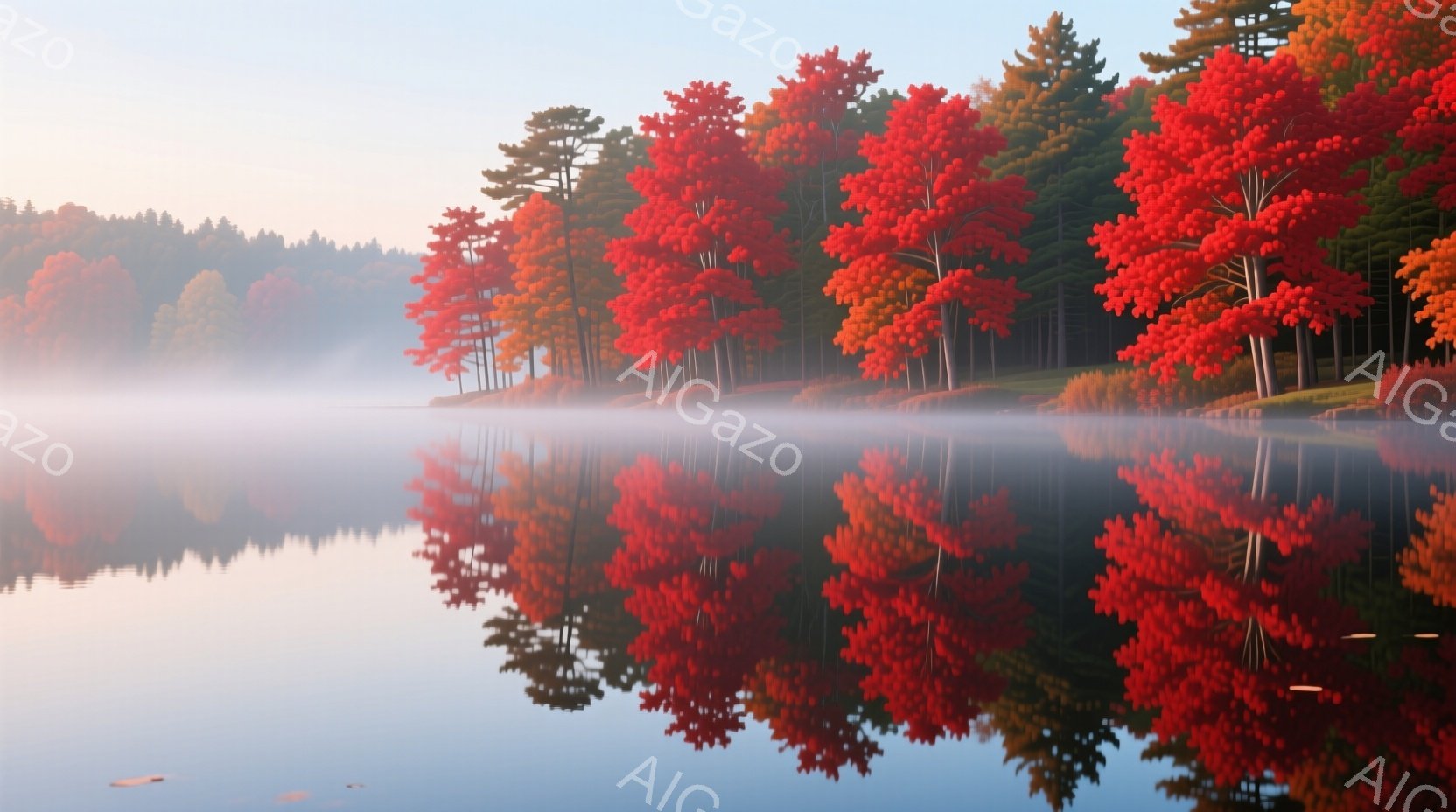 広大な湖面に赤やオレンジ色の紅葉が美しく映り込み、朝霧が立ち込めて幻想的な光景を作り出しています。木々は密集しており、湖面とのコントラストが鮮やかで、穏やかな秋の朝の静けさが感じられます。全体的に暖か - AI生成フリー素材