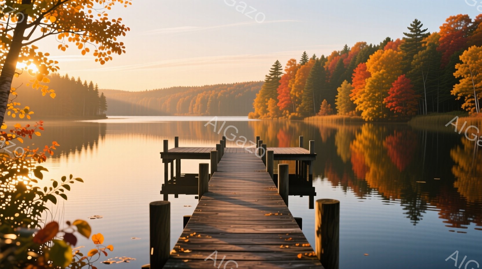 静かな湖に続く木製の桟橋が印象的な風景です。秋の紅葉が湖面に映り込み、水面はオレンジと赤の色合いで輝いています。背景には緑と紅葉に染まった山々が広がり、穏やかで平和な雰囲気を醸し出しています。 - AI生成フリー素材