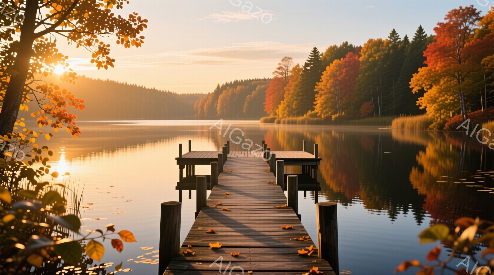 静かな湖面に木製の桟橋が伸びており、水面に太陽光が反射して黄金色に輝いている。背景には、紅葉で色づいた木々が生い茂り、秋の穏やかな雰囲気を醸し出している。桟橋上には落ち葉が散らばり、自然の美しさを際立たせている。