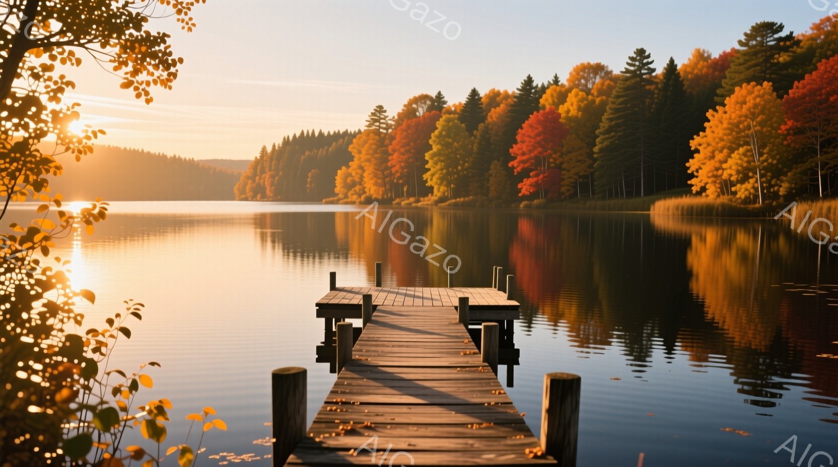 古びた木製の桟橋が穏やかな湖面に伸びており、夕日の光が水面に反射して金色に輝いている。背景には鮮やかな紅葉の木々が広がり、秋の静寂で穏やかな雰囲気を醸し出している。水面は鏡のように滑らかで、周囲の自然の美しさを際立たせている。