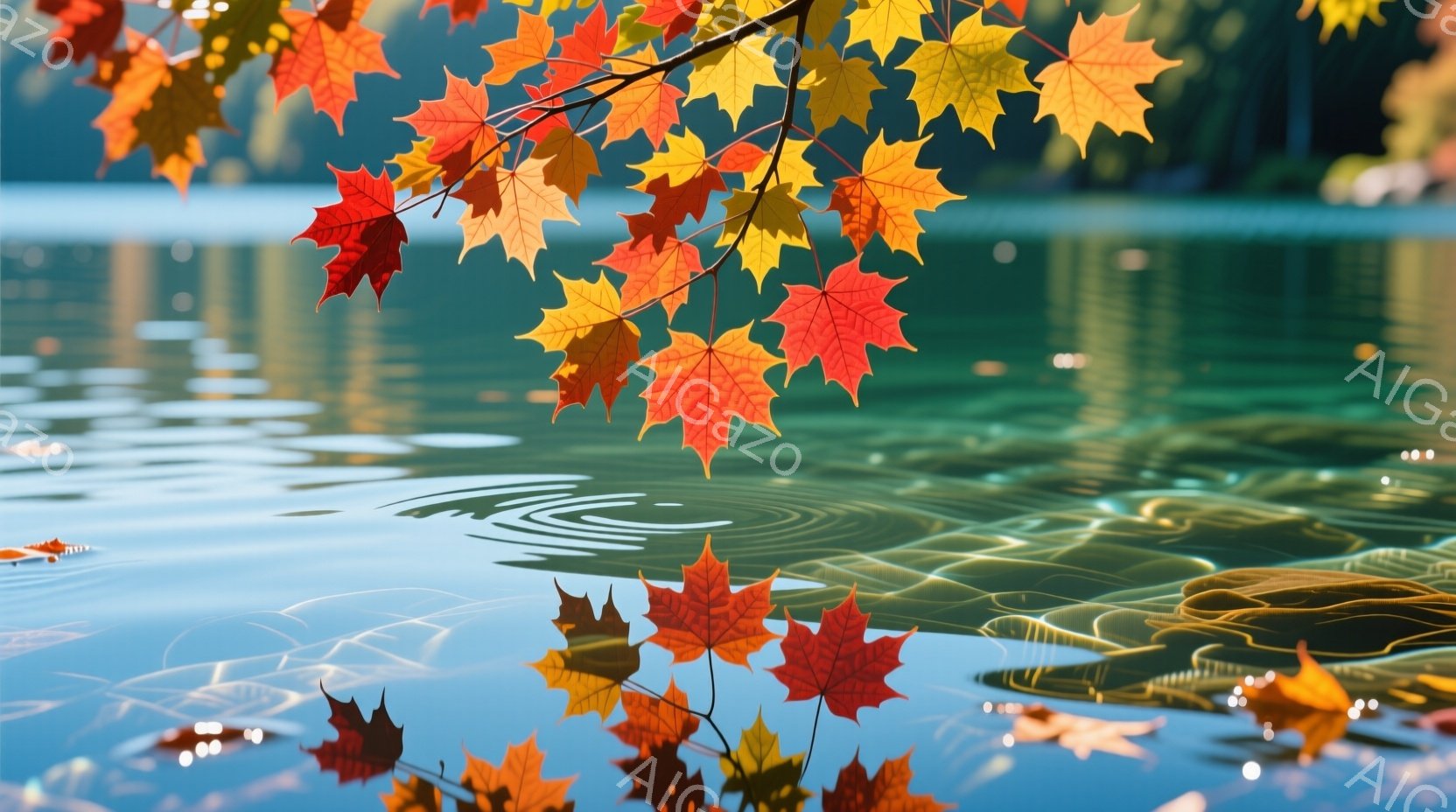 赤やオレンジ色の紅葉が水面に反射し、まるで絵画のような風景が広がっている。水面には、落ち葉が作る波紋が広がり、穏やかで静謐な雰囲気を醸し出している。背景はぼやけており、自然の美しさを際立たせ、秋の深まりを感じさせる。