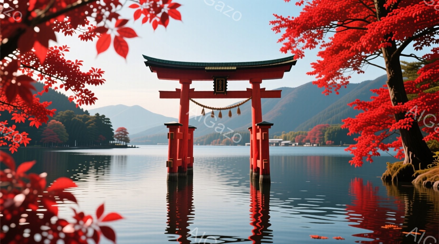 赤く塗られた鳥居が湖の中にそびえ立ち、その姿を水面に映し出しています。背景には緑豊かな山々と穏やかな湖が広がり、秋の静寂と美しさを感じさせます。水面には鳥居の鮮やかな赤色が映り込み、湖全体を幻想的な雰囲気に包んでいます。