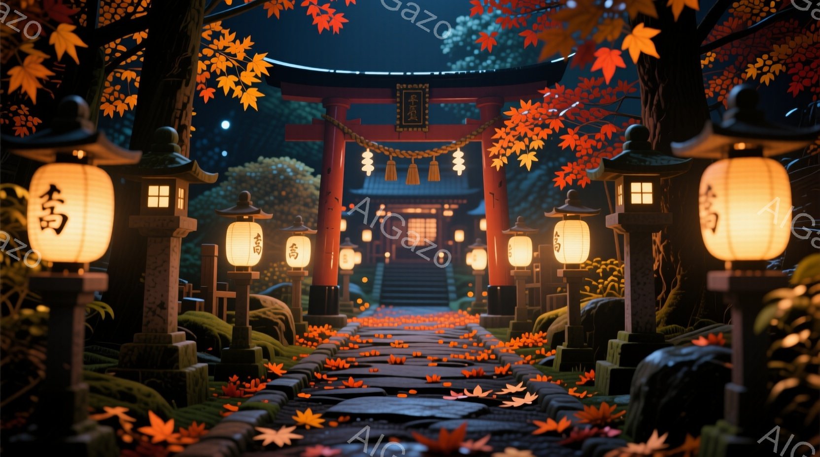 深い緑に囲まれた石畳の道が、朱色の鳥居へと続いている風景です。道沿いには提灯が灯り、地面や空には紅葉が舞い散り、幻想的な雰囲気を醸し出しています。鳥居の奥には建物が見え、全体として静寂で神秘的な秋の情景が描かれています。