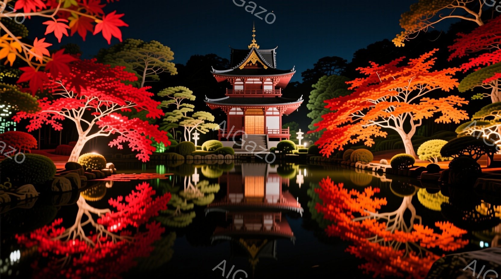 夜の庭園には、鮮やかな朱色の塔が静かに佇んでいます。池の水面には塔と周囲の紅葉が映り込み、幻想的な光景を作り出しています。手入れの行き届いた庭木と、赤く染まった木々が、落ち着いた雰囲気を醸し出しています。