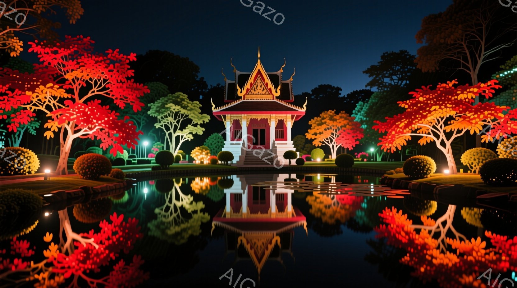 鮮やかな色彩で彩られた夜の庭園には、タイ様式の美しい建造物が池に映り込んでいます。紅葉した木々が背景を彩り、池の周りには手入れの行き届いた草木が配置され、静かで幻想的な雰囲気を醸し出しています。ライトアップされた建造物と水面に映る光が、夜の闇の中で優雅な輝きを放っています。