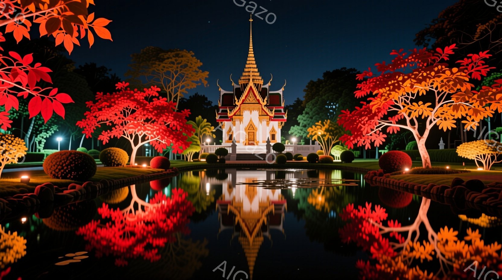 夜間の美しい寺院が池に映り込んでいます。鮮やかな赤い木々と手入れの行き届いた庭園が、寺院の荘厳さを引き立てています。水面に反射する光が幻想的な雰囲気を醸し出し、静寂と美しさが際立っています。