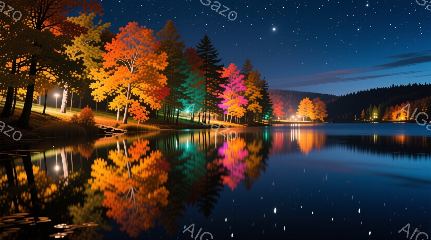 深い青色の湖面が、鮮やかな紅葉と街の明かりを映し出している夜の風景です。木々は赤、オレンジ、黄色、紫など様々な色で彩られ、湖面にその美しい色彩が反射して幻想的な光景を作り出しています。遠くには街の灯りが小さく見え、夜空には星が散りばめられており、静かで穏やかな雰囲気が漂っています。