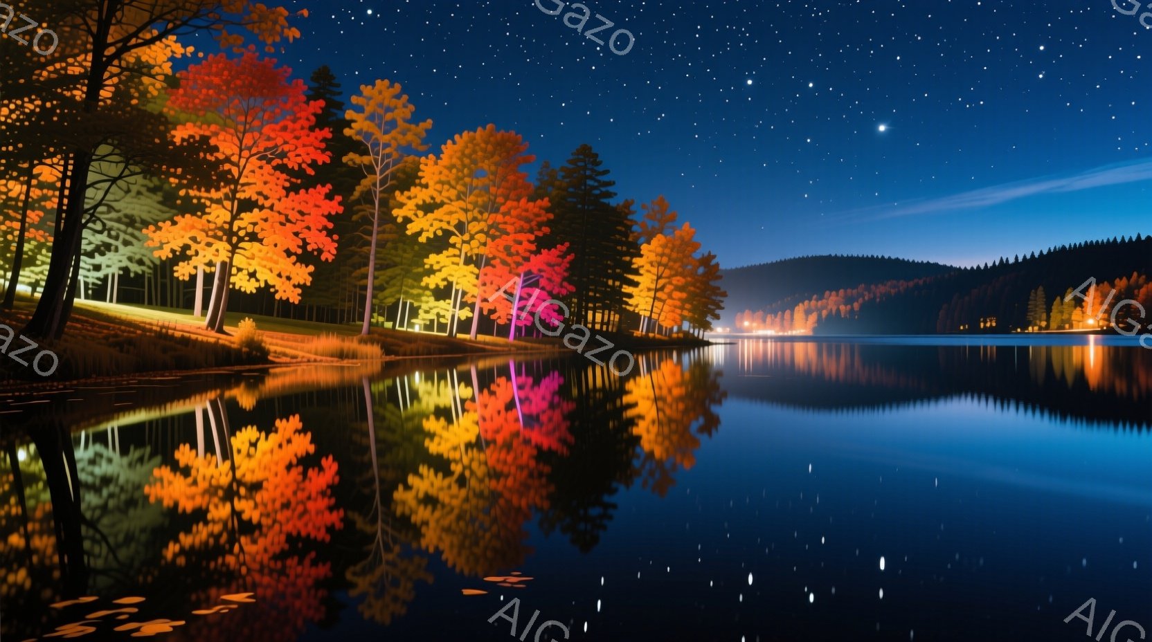 深い青色の湖面が、鮮やかな紅葉の木々を完璧に映し出している夜の風景だ。木々はオレンジ、赤、紫といった暖色系で彩られ、水面とのコントラストが美しい。夜空には星が輝き、静かで幻想的な雰囲気を醸し出している。