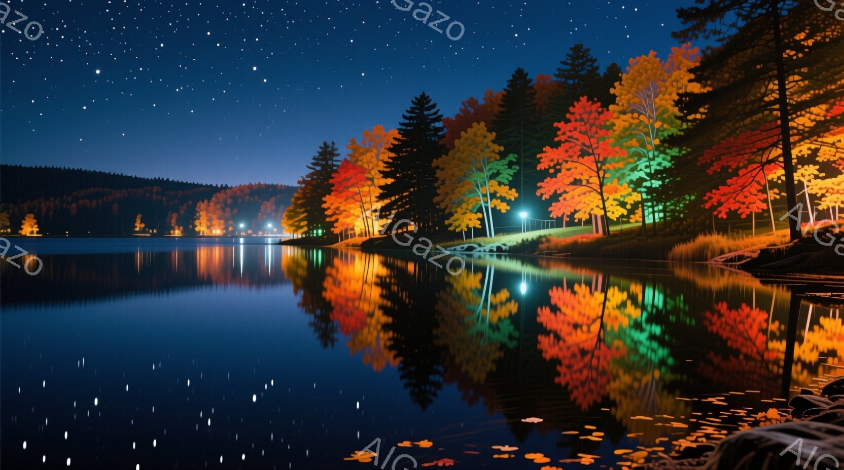 静かな湖畔には、秋の鮮やかな紅葉が水面に映り込み、まるで鏡の世界が広がっている。夜空には無数の星が輝き、湖畔の木々は暖色系の光で照らされ、幻想的な雰囲気を醸し出している。穏やかな水面と夜空の星が、静寂で平和な情景を描き出している。