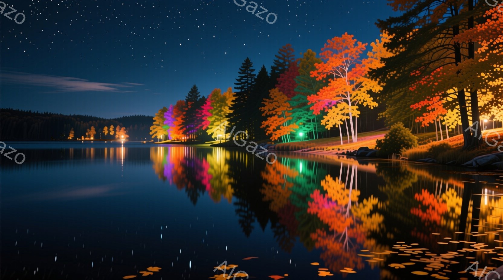 夜空の下、静かな湖面に色とりどりの木々が映り込み、幻想的な光景が広がっています。木々は赤、オレンジ、黄色、緑など様々な色で染まり、まるで万華鏡のように輝いています。水面は穏やかで、星空と木々の光が美しく反射し、平和で穏やかな雰囲気を醸し出しています。