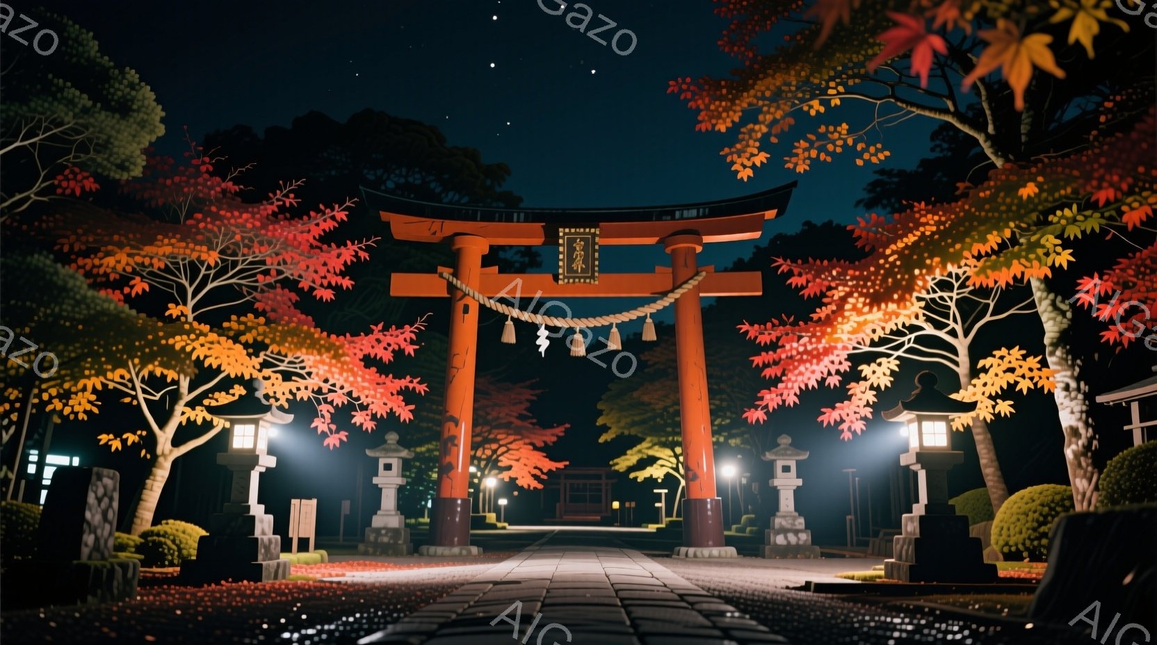 深夜の鳥居が印象的な風景です。赤色の鳥居は暗闇の中で際立ち、両脇には提灯が灯っています。地面には紅葉が散りばめられ、秋の静寂な夜の雰囲気を醸し出しています。