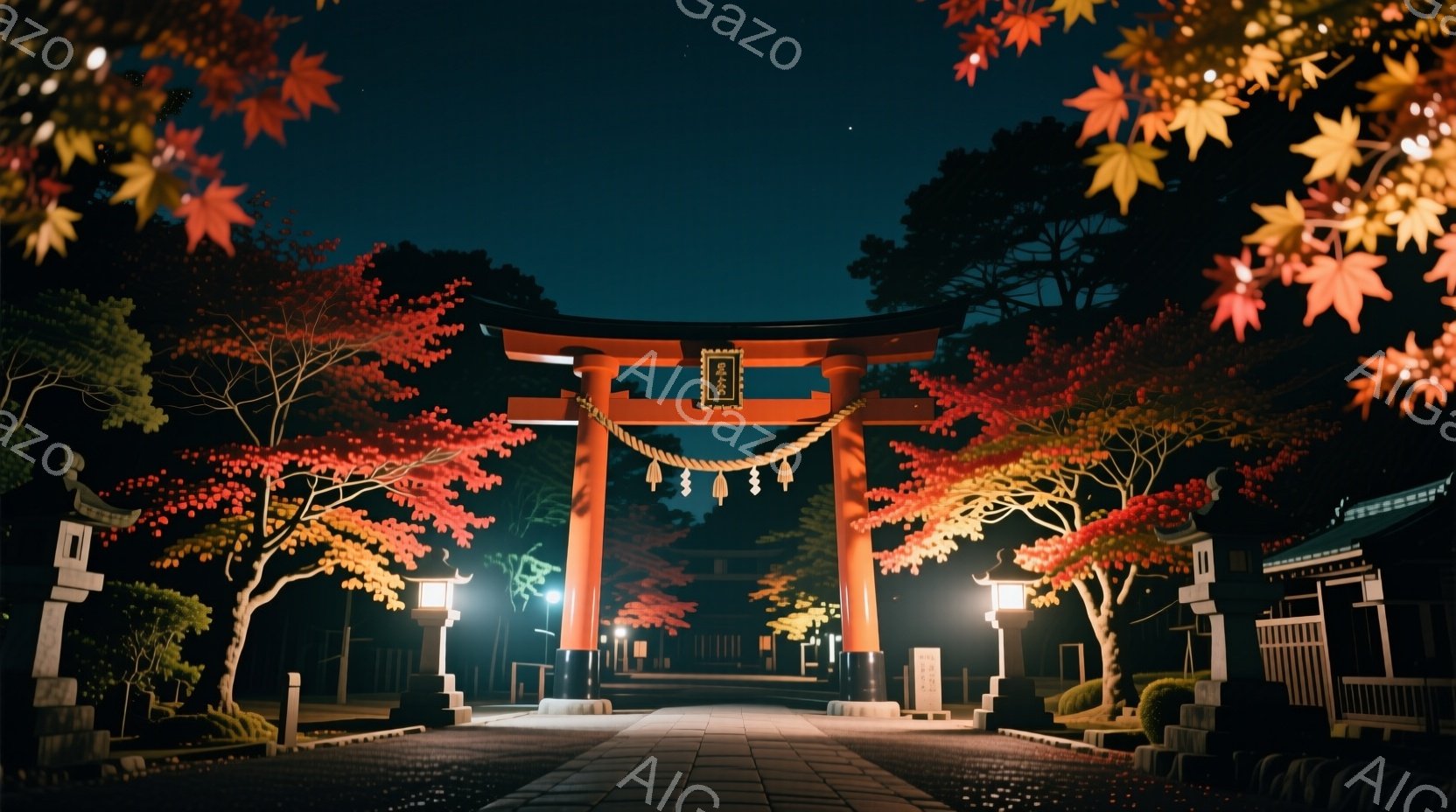 朱色の鳥居が印象的な夜の風景です。両脇には黄金色の優しい光を放つ灯篭が並び、背景には暗い緑の木々と日本の伝統的な建物が見えます。紅葉の葉が舞い散り、落ち着いた雰囲気の中で秋の深まりを感じさせる美しい光景です。