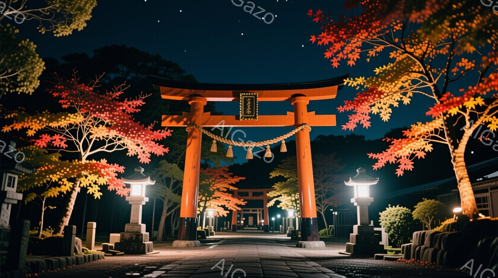 朱色の鳥居が印象的な夜の風景です。石畳の参道は両脇の灯籠と紅葉に照らされ、幻想的な雰囲気を醸し出しています。遠くには、伝統的な建築様式の建物が見え、静寂と厳かな空気が漂っています。 - AI生成フリー素材