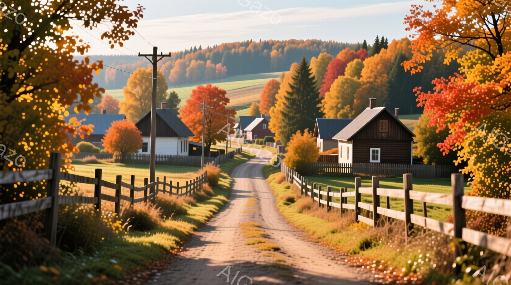 鮮やかな秋の風景が広がっており、土道が遠近法で奥へと続いています。両脇には木製の柵が並び、その先に可愛らしい木造家屋が点在し、背景には赤や黄色の葉が茂る森林が広がっています。日差しは暖かく、穏やかな秋 - AI生成フリー素材