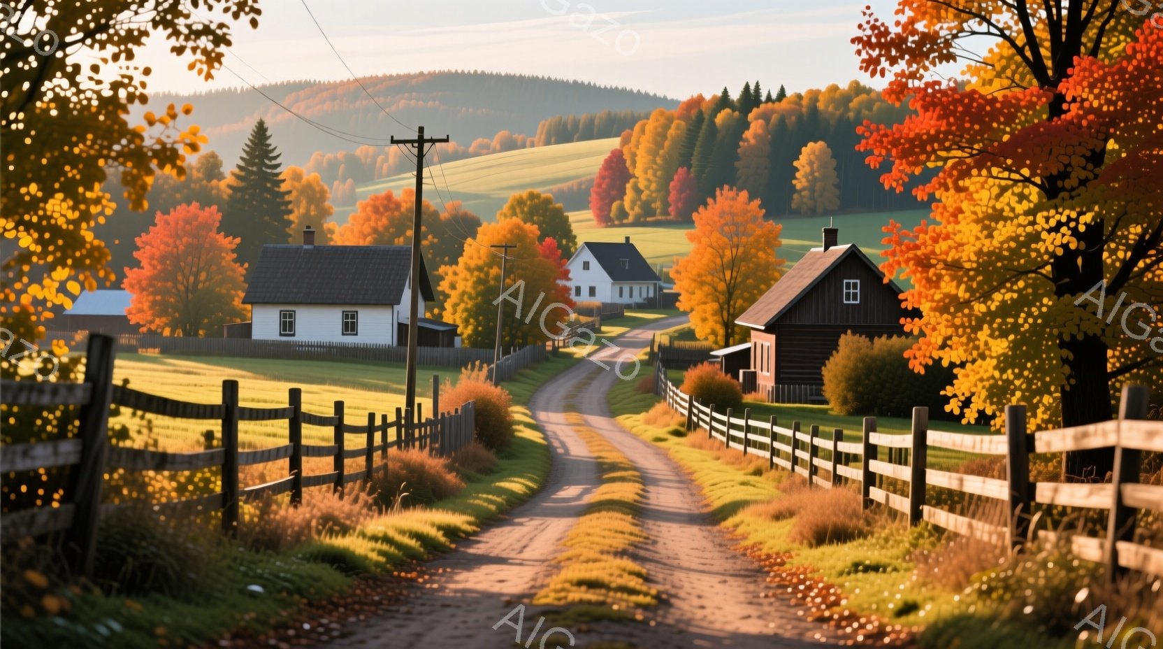 鮮やかな秋色の葉が茂る木々に囲まれた、曲がりくねった砂利道が遠くまで続いている。道沿いには可愛らしい木造の家々が点在し、緑の牧草地と背景の丘陵が、穏やかで牧歌的な雰囲気を醸し出している。空は晴れ渡り、 - AI生成フリー素材