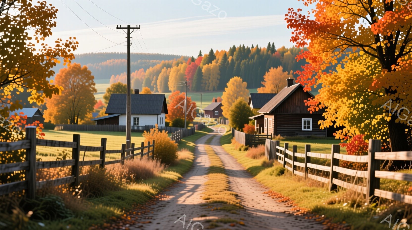 緩やかな土の道が、木造の家々へと続いている風景です。秋の紅葉が背景を彩り、暖かく穏やかな雰囲気を醸し出しています。柵に沿って生える草や、太陽の光が差し込む様子から、静かで牧歌的な田園風景が伝わってきます。