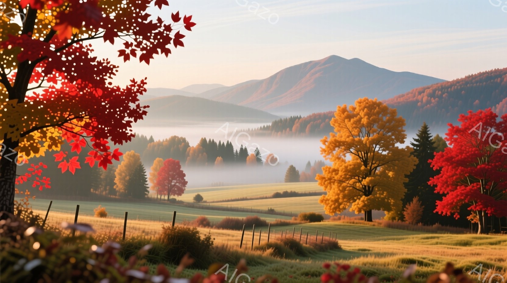 鮮やかな紅葉に染まった山々と、朝霧に包まれた緑の牧草地が広がる風景です。手前に立つ木々の葉は、赤、オレンジ、黄色と色彩豊かに輝き、背後の山々は霞んで奥行きを強調しています。穏やかな光と霧が、静かで牧歌的な雰囲気を醸し出しています。