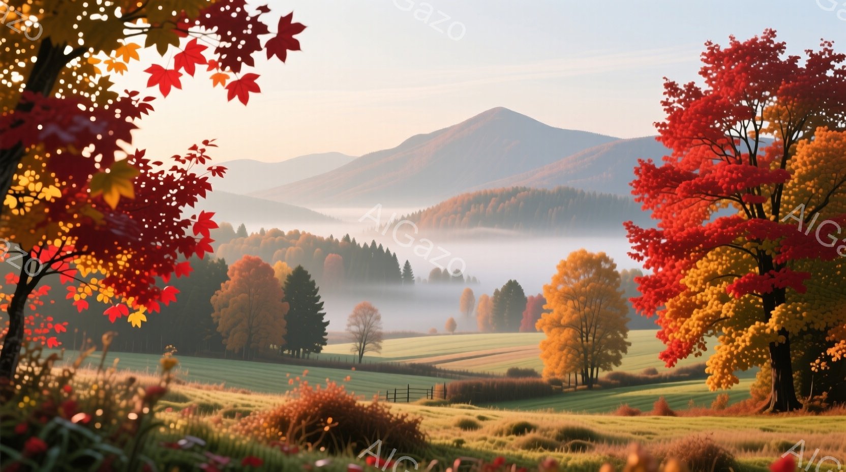 広大な緑の丘陵地帯が、朝霧に包まれて幻想的な風景を繰り広げている。鮮やかな赤やオレンジ、黄色の紅葉した木々が点在し、秋の彩りを添えている。遠くにはなだらかな山並みがそびえ立ち、穏やかで平和な雰囲気を醸 - AI生成フリー素材