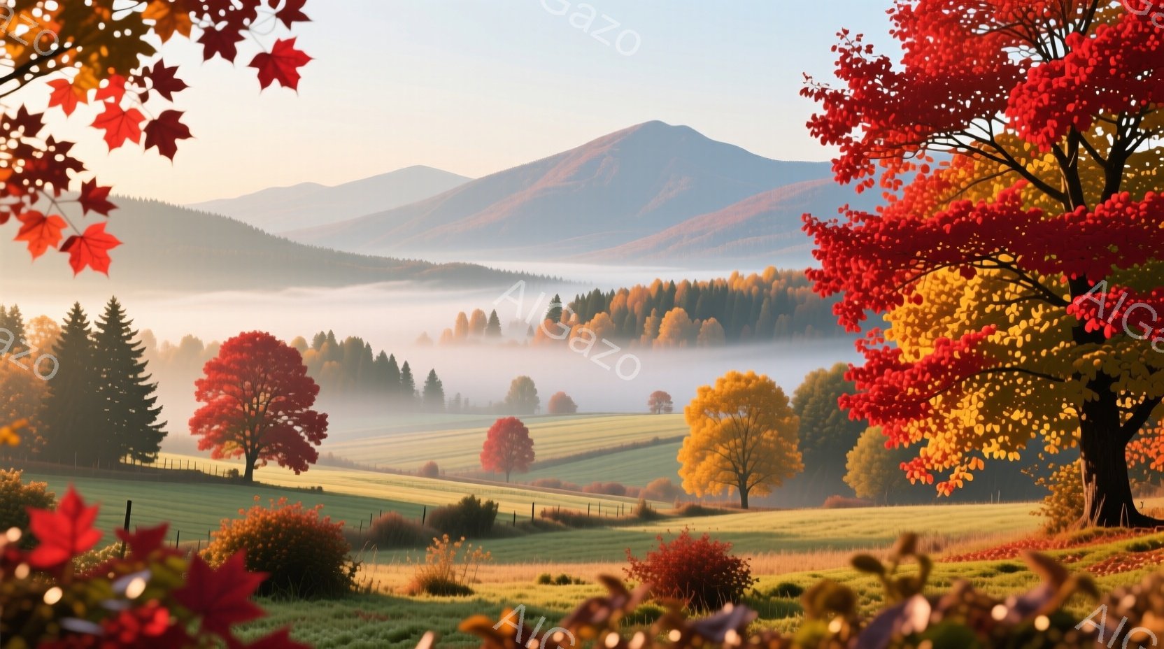 鮮やかな秋の色が広がる風景で、緑の牧草地、赤や黄色の木々が連なる丘陵地帯が広がっている。遠くには霧に包まれた山々が連なり、穏やかな朝の光が全体を照らしている。全体的に、平和で静寂な、息をのむほど美しい秋の風景が表現されている。