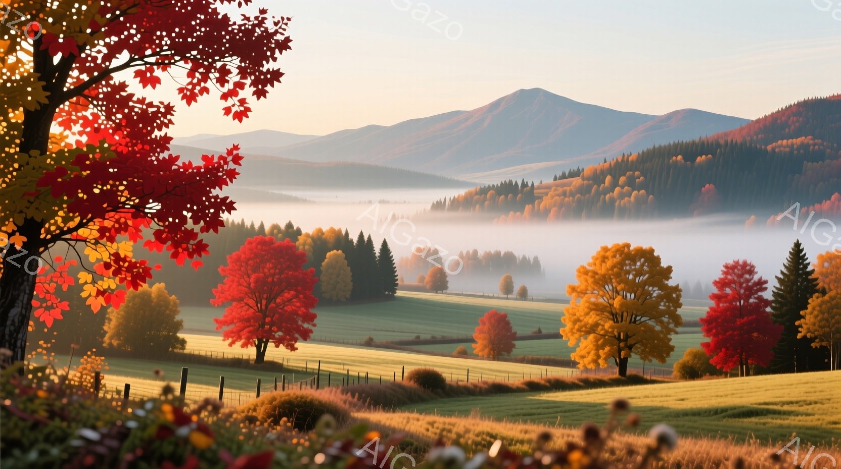 広大な緑の丘陵地帯が、朝霧に包まれ、秋の色彩が鮮やかに広がっている。赤や黄色に染まった木々が点在し、遠くには霞んだ山々が連なり、穏やかで静謐な雰囲気を醸し出している。牧歌的な風景は、心地よい安らぎを与え、自然の美しさを際立たせている。