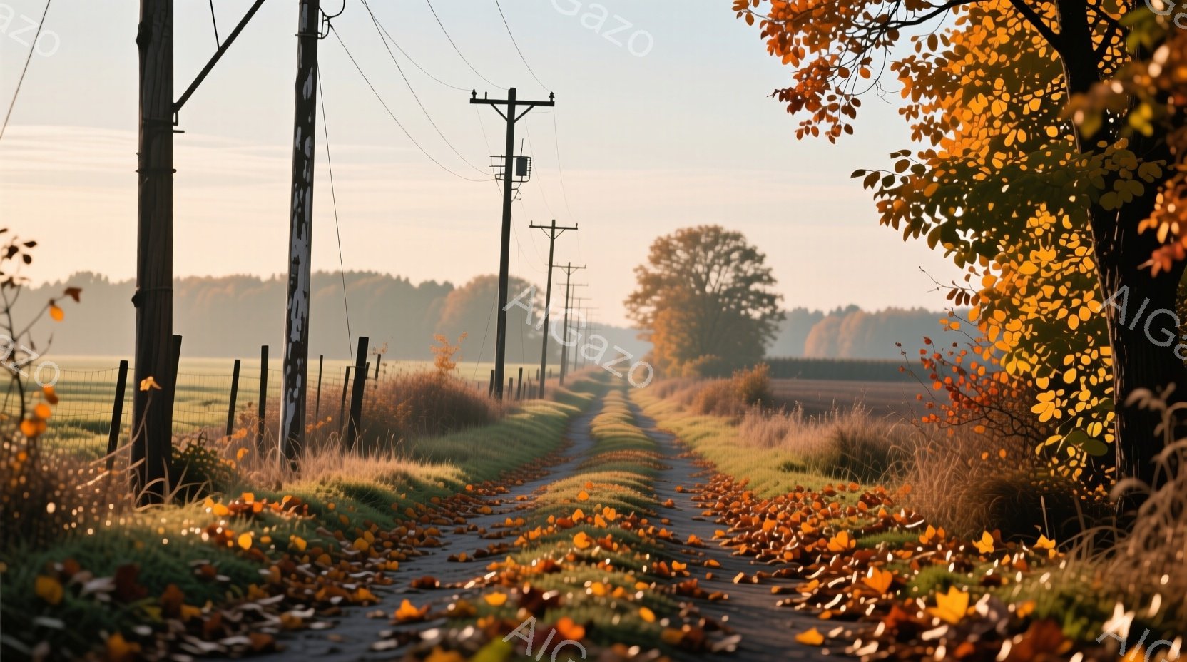 秋の田園風景が広がっており、落ち葉が敷き詰められた道が遠くまで続いています。電柱が並び、背景には緑の畑と木々が見え、柔らかな光が秋の静けさを際立たせています。全体的に穏やかで、どこか懐かしい雰囲気を感じさせます。