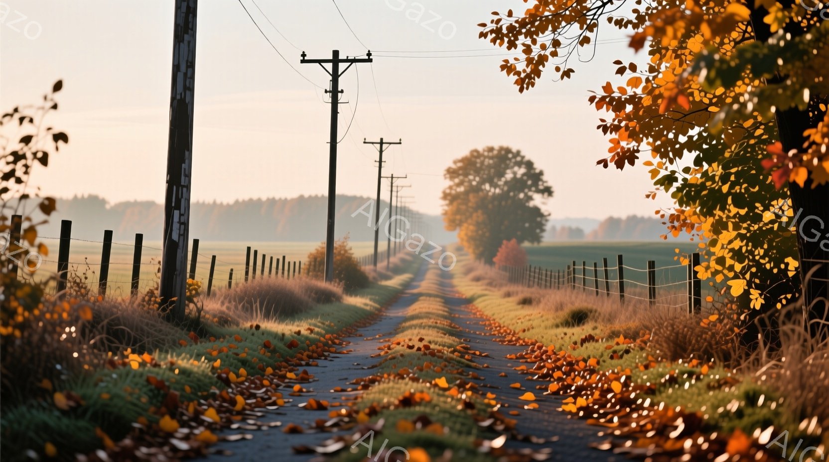 秋の田園風景が広がり、落葉が敷き詰められた道が遠くまで続いている。朝霧が立ち込め、太陽の光が葉っぱを通して差し込み、暖かく穏やかな雰囲気を醸し出している。電柱とフェンスが道の両側に並び、背景には緑豊かな木々と畑が広がっている。