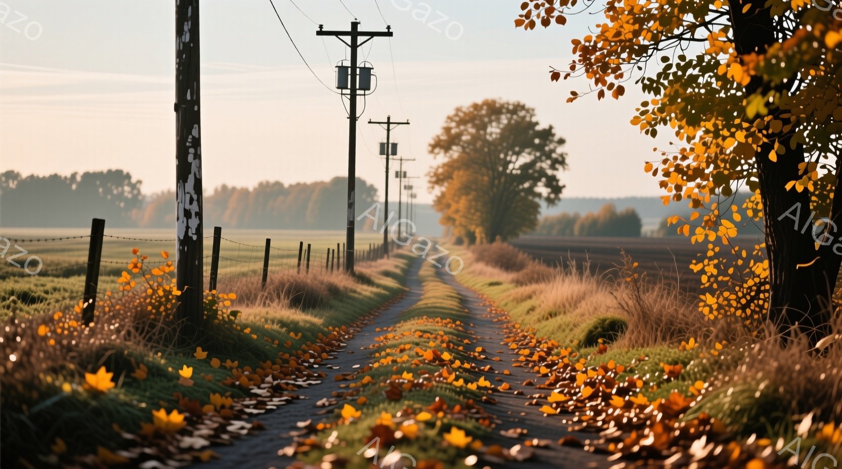 落ち葉が敷き詰められた田舎道を、電柱が規則的に並んでいる風景だ。朝日の光が柔らかく差し込み、道沿いの草木や遠くの畑を照らし出している。全体的に穏やかで、秋の静寂を感じさせる情景である。
