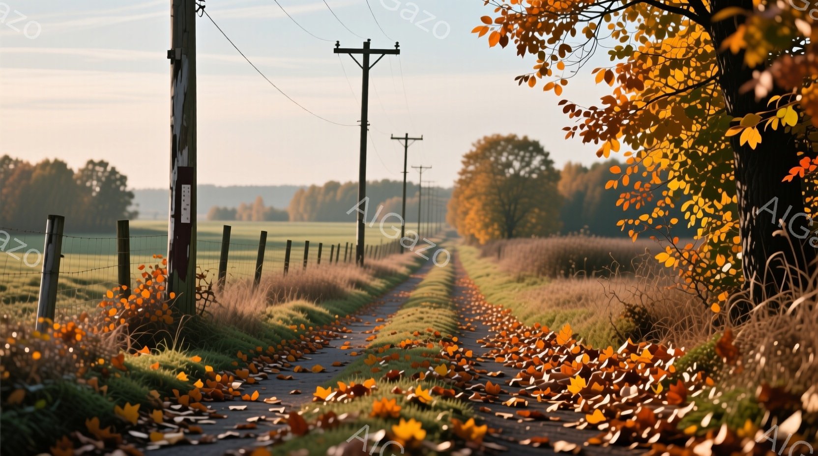 落ち葉で覆われた田舎道の風景で、朝日に照らされた草の生えた道が遠くの木々へと続いています。道路脇にはフェンスが走り、黄金色と茶色の葉が散らばり、秋の静けさを漂わせています。背景には穏やかな丘陵地帯が広がり、秋の落ち着いた空気感と自然の美しさが感じられます。