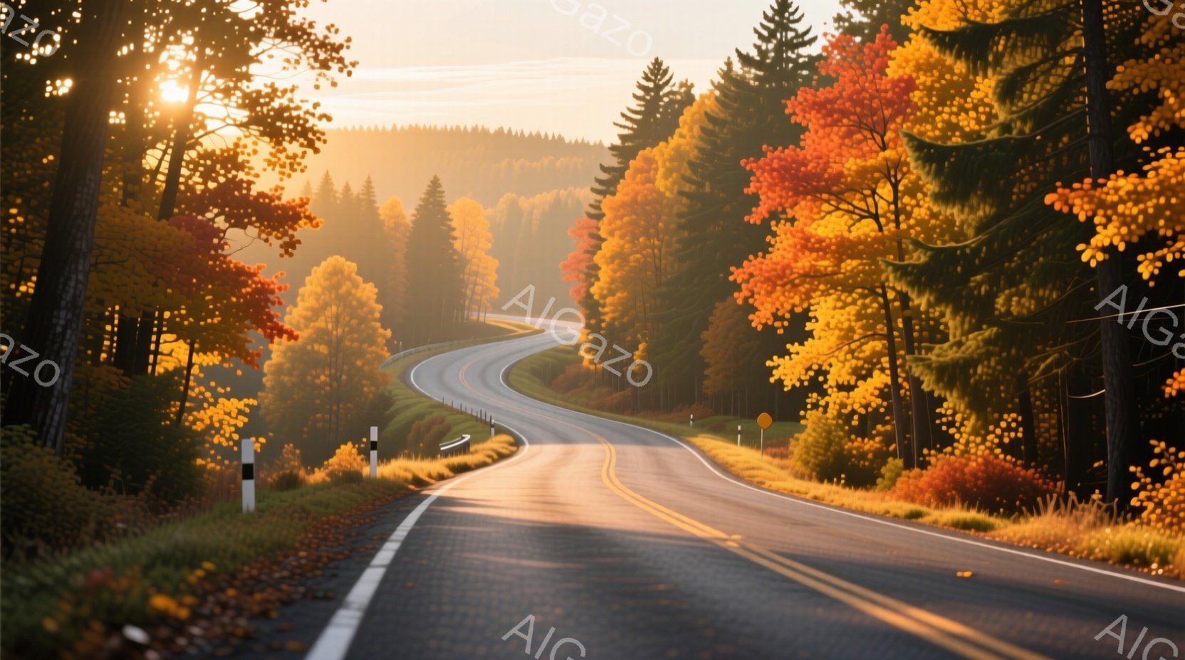 曲がりくねった道路が秋の鮮やかな紅葉に囲まれて伸びている。朝日に照らされた風景は暖かく、道路の黒いアスファルトと鮮やかな色彩のコントラストが印象的である。遠くの山々は霞んでおり、穏やかで静謐な雰囲気を醸し出している。