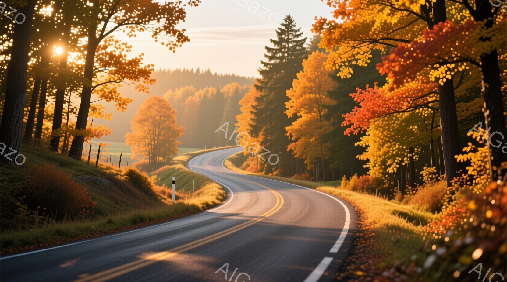 緩やかなカーブを描くアスファルトの道が、秋の鮮やかな紅葉に囲まれて伸びている。道に沿って低いフェンスが続き、背景には緑豊かな森林と遠くの丘が見える暖かい光が木々の葉を照らし、秋の穏やかな雰囲気を醸し出している。