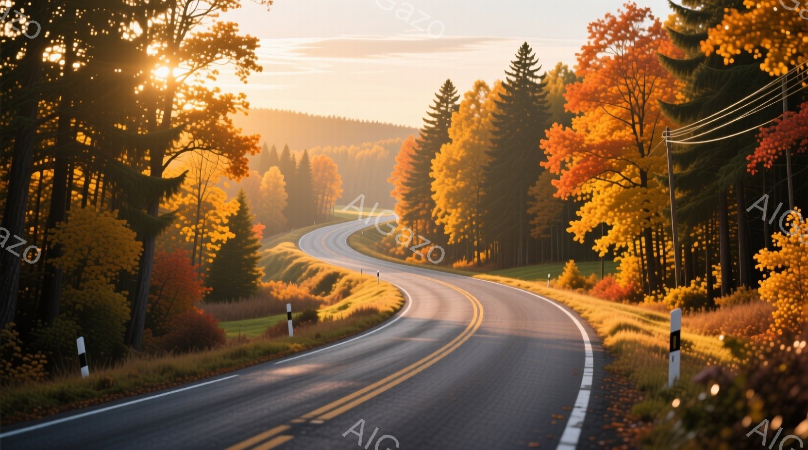 鮮やかな紅葉に囲まれた曲がりくねった道路が、秋の風景を印象的に映し出している。太陽の光が木々の間から差し込み、道路に暖かな光を投げかけており、全体的に穏やかで美しい雰囲気が漂っている。道の脇には白いポールが並び、遠くには緑豊かな丘陵が広がっている。