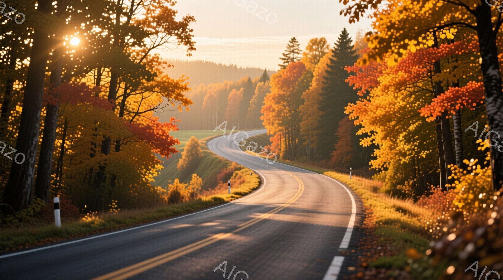 曲がりくねった道路が、鮮やかな紅葉に彩られた丘陵地帯を抜けて伸びています。太陽の光が木々の間から差し込み、道路と草原を黄金色に染め上げており、穏やかで暖かく、秋の訪れを感じさせる雰囲気です。遠くには薄い霧がかかり、全体的にノスタルジックで美しい情景が広がっています。
