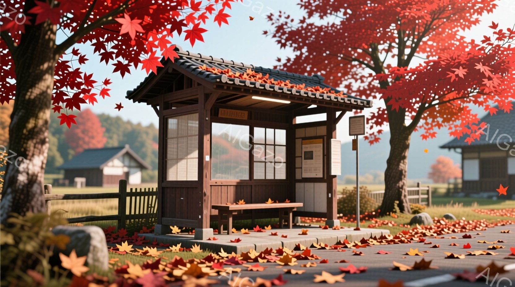 鮮やかな紅葉に囲まれたバス停が、穏やかな秋の風景の中に佇んでいます。木製のバス停は、古風なデザインで、周辺の緑と調和しており、背景には屋根付きの建物が見えます。地面には落ち葉が散らばり、暖かく、落ち着 - AI生成フリー素材