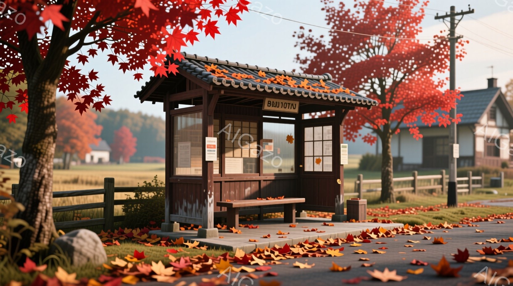 赤い紅葉の葉が敷き詰められた道沿いに、木製のバス停が佇んでいます。背景には緑の草原と、可愛らしい屋根付きの家々が広がり、秋の穏やかな景色が広がっています。鮮やかな紅葉と穏やかな光が、心安らぐ温かい雰囲気を醸し出しています。