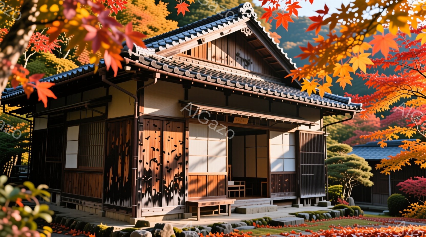 鮮やかな紅葉に囲まれた、趣のある木造の建物が写っている。建物は伝統的な日本の建築様式で、落ち着いた茶色の外観と白い壁、そして格子状の窓が特徴的だ。背景には緑豊かな庭園と山々が広がり、穏やかで静謐な雰囲気を醸し出している。