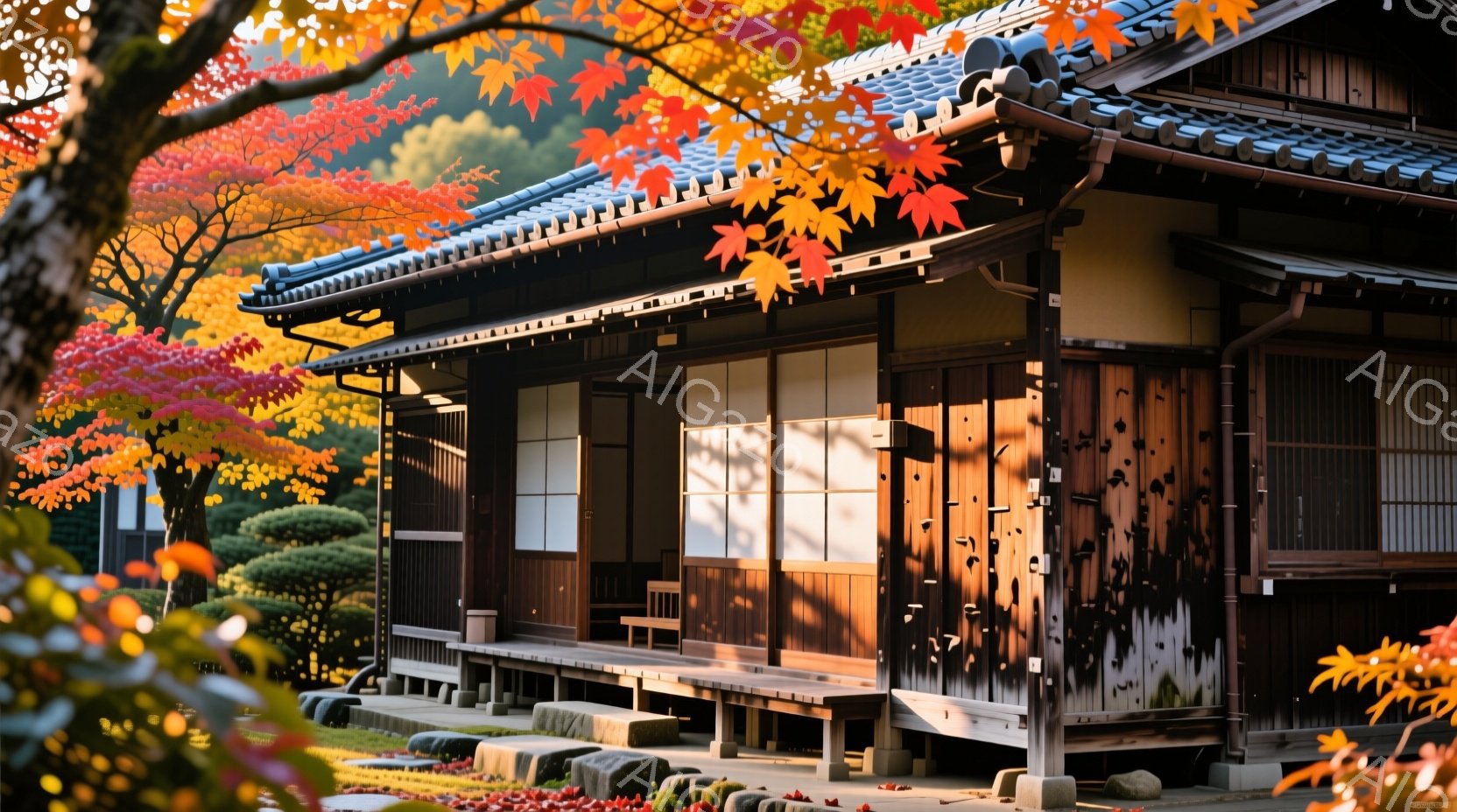 古い木造の建物が写っており、庭には手入れされた芝生と刈り込みの木々が見られます。秋の紅葉が建物の周りを彩り、鮮やかな赤色が背景に広がっています。建物は伝統的な日本の建築様式で、落ち着いた雰囲気の中に季節の美しさが感じられます。