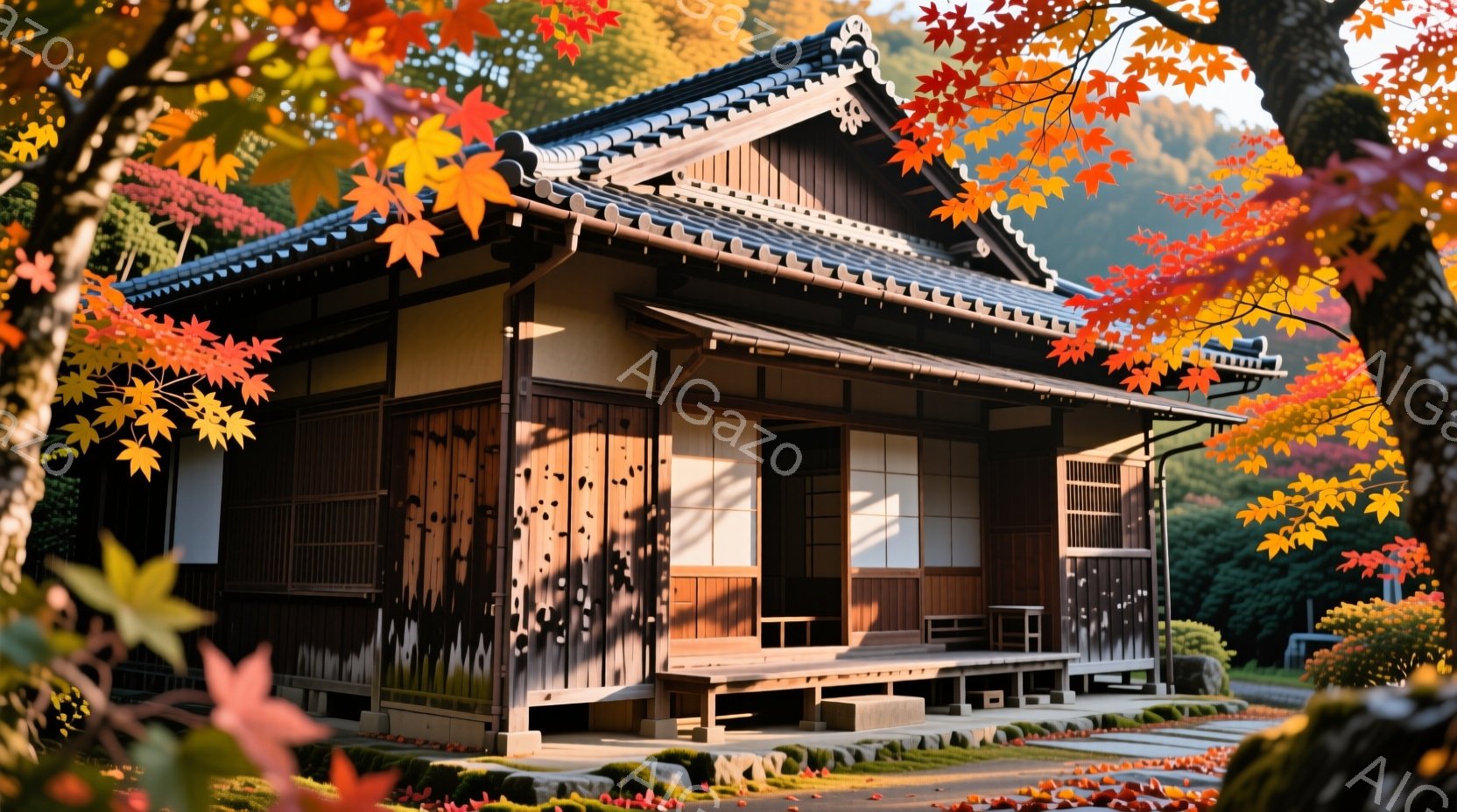 古い木造の建物が写っており、全体的に落ち着いた色合いで、日差しが暖かく差し込んでいる。周りには紅葉した木々があり、地面には落ち葉が散らばり、秋の趣を感じさせる。建物は伝統的な日本の建築様式で、静かで穏やかな雰囲気が漂っている。