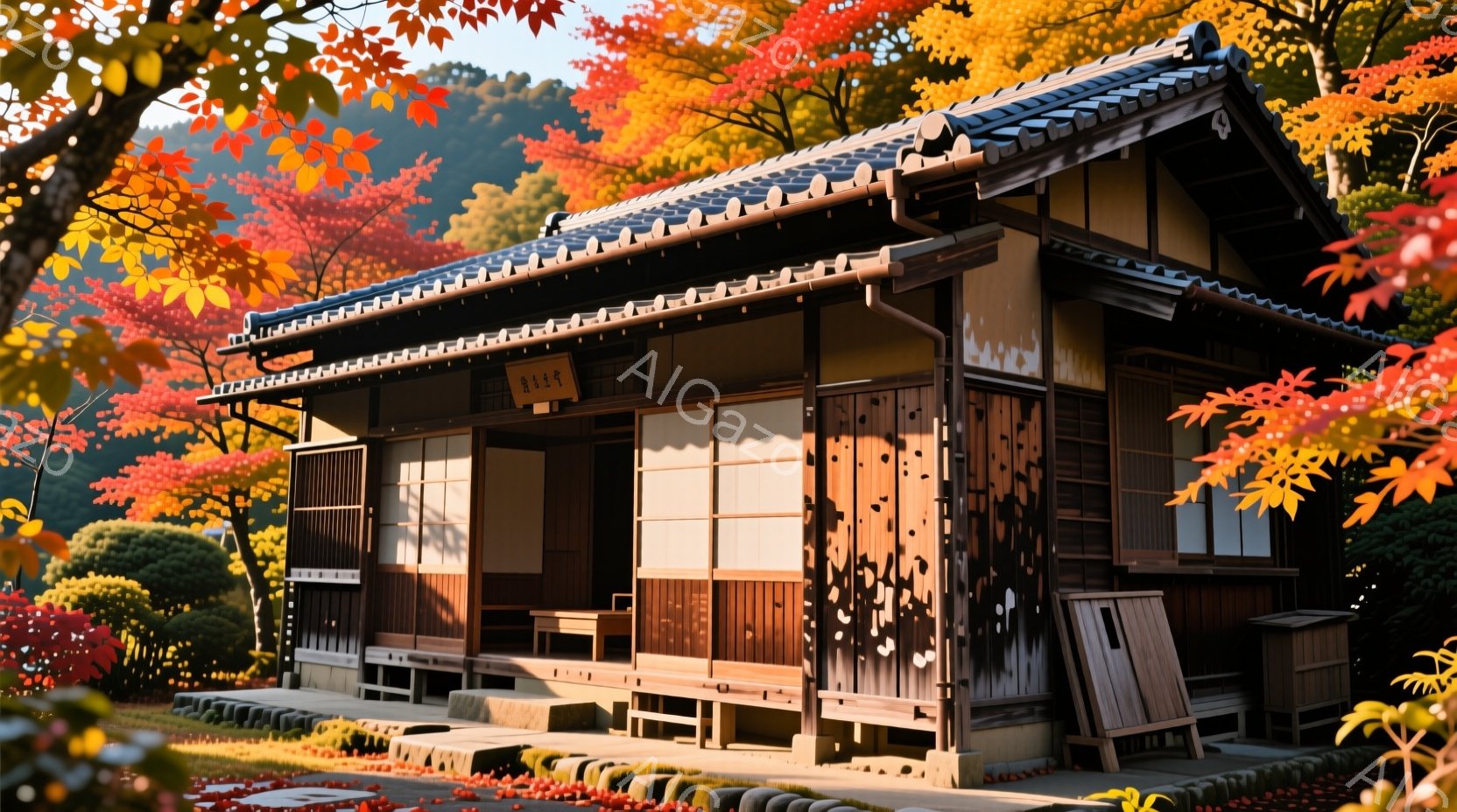 古い木造の建物が、紅葉に囲まれた庭園の中に建っている。建物は茶色で、滑らかな木製の壁と、緑色の屋根が特徴的で、日差しの下で温かい雰囲気を醸し出している。地面には散った紅葉が敷き詰められ、秋の静けさと美しさを強調している。