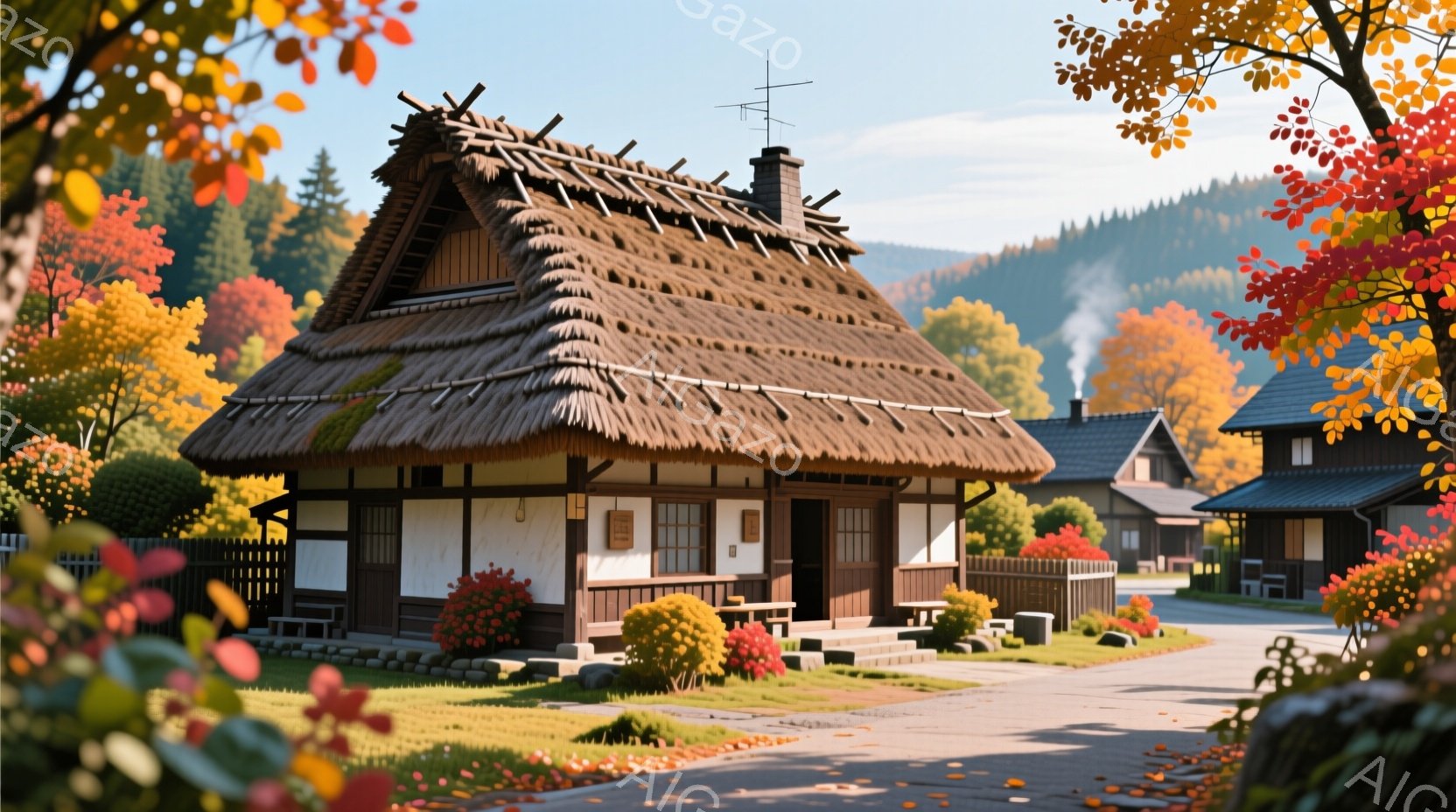合掌造りの家屋が中心に描かれており、藁葺き屋根が特徴的で、周囲には緑豊かな芝生と紅葉した木々が広がっています。家の前には手入れの行き届いた庭があり、所々に赤い花が咲き、背景には山々が霞んで見え、穏やかな秋の日の雰囲気が漂っています。家屋は静かで落ち着いた印象を与え、自然と調和した日本の伝統的な風景が表現されています。
