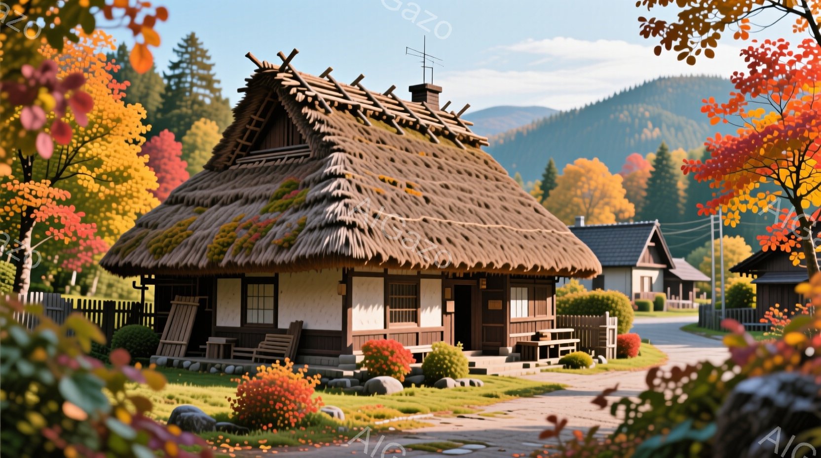 藁葺き屋根の伝統的な日本の家屋が中心に描かれており、周囲には整えられた庭と緑豊かな木々が広がっています。家屋の前に置かれた木製のベンチと庭の赤い花々が、穏やかで趣のある雰囲気を醸し出しています。背景には、緑の山々と、他の家屋が見え、晴れた日の静かな田園風景を表しています。