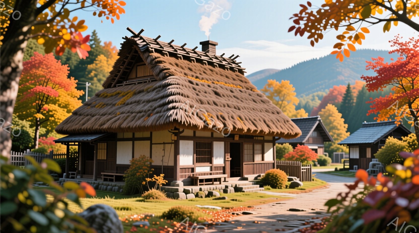 藁葺き屋根の古民家が並ぶ日本の田舎の風景です。鮮やかな紅葉の木々が背景を彩り、暖かく穏やかな秋の日の雰囲気が漂っています。石畳の道と整えられた庭が、日本の伝統的な美しさを引き立てています。