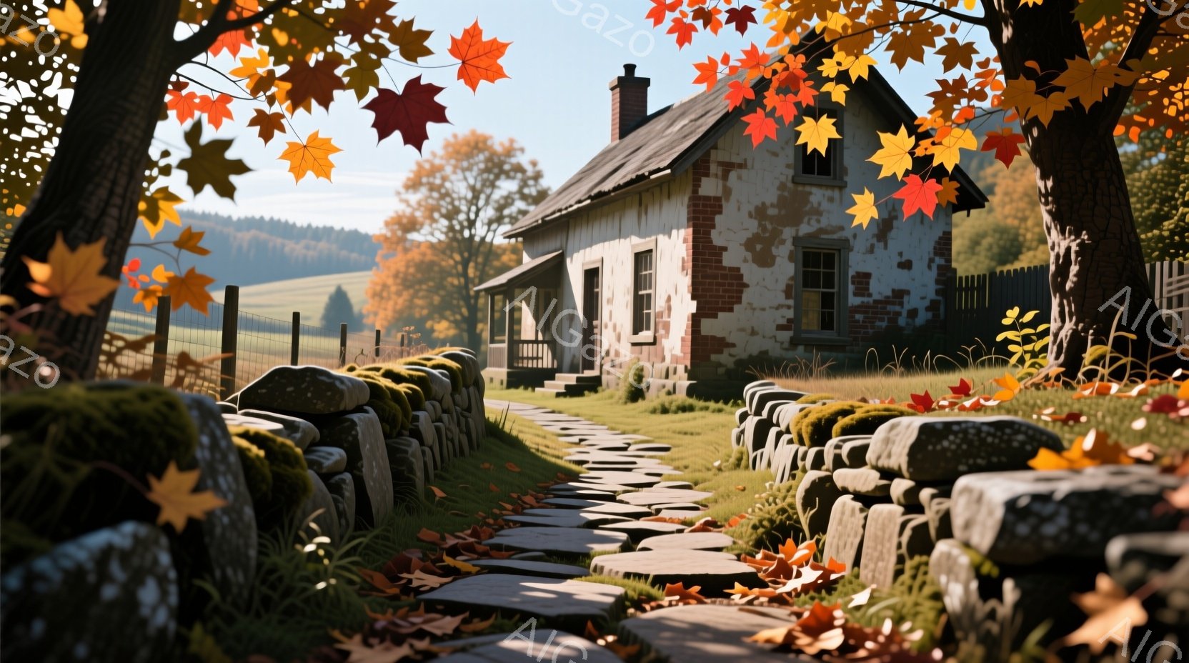 古びたレンガ造りの一軒家が、緑豊かな丘陵地帯に佇んでいる。庭には石積みの低い壁があり、落ち葉が散らばった石畳の道が家へと続いている。秋の鮮やかな紅葉が、まるで絵画のように風景を彩り、温かく穏やかな雰囲気を醸し出している。