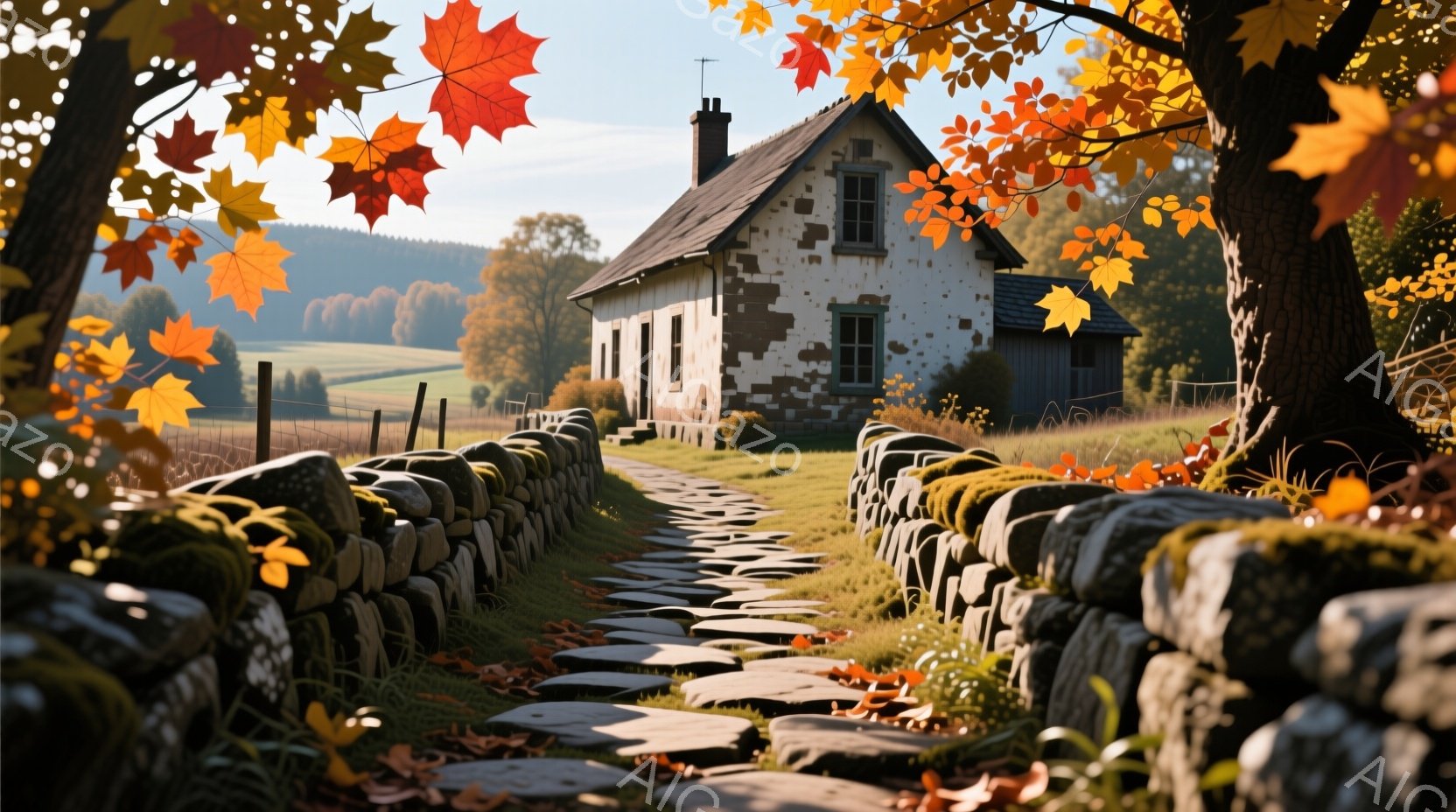 苔むした石垣に沿って緑の草地が広がり、遠くにはなだらかな丘陵地が広がっています。白く古びた家屋がその先に佇み、屋根にはアンテナが設置されています。秋らしい紅葉が地面を覆い、暖かく、穏やかな雰囲気を醸し出しています。