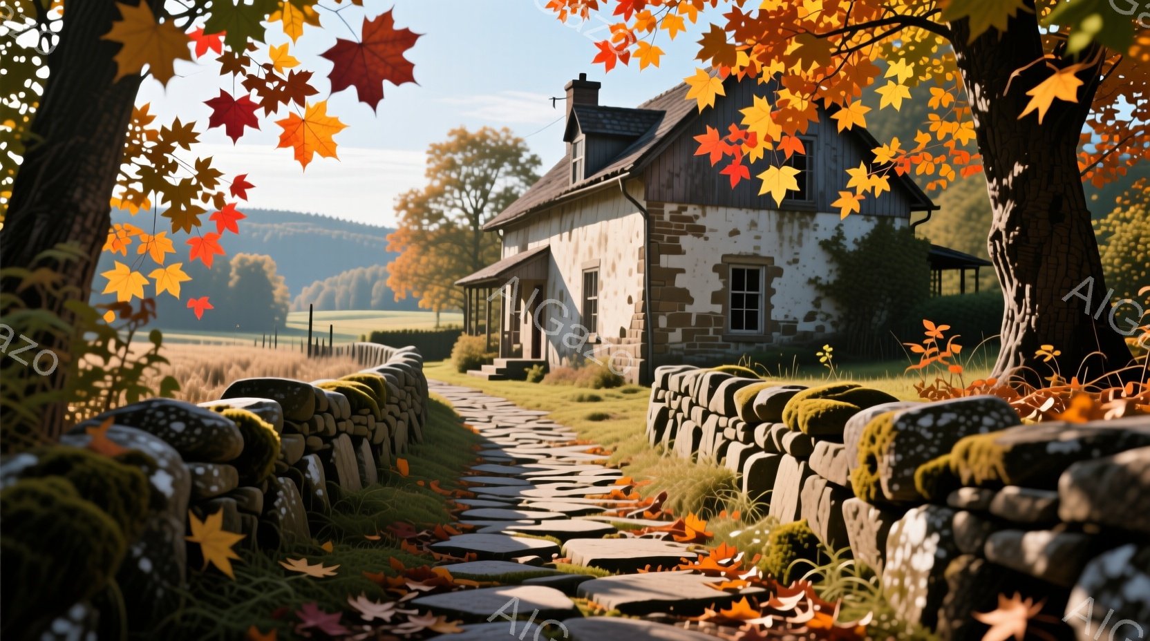 石造りの壁に沿って、緑の芝生と落ち葉が散らばる小道が、古びた石造りの家に続いている。家は、傾いた屋根と苔むした壁を持ち、窓からは暖かな光が漏れている。背景には、緑豊かな丘と、秋の色彩に染まった木々が広がり、穏やかで静謐な雰囲気を醸し出している。