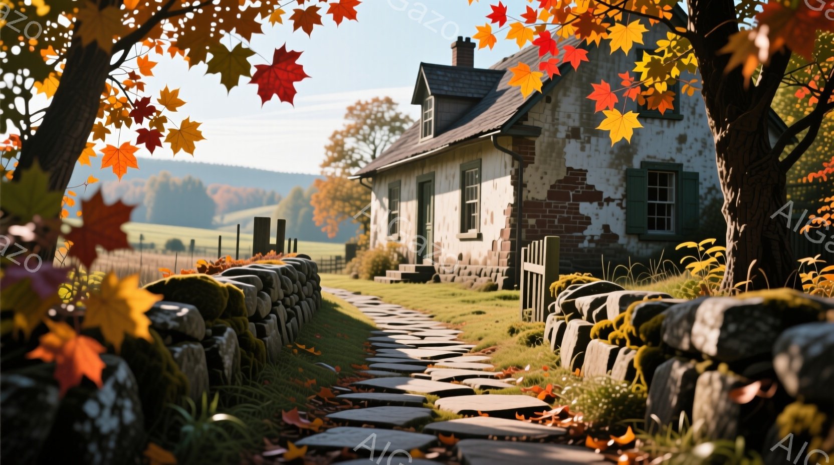 古びた石造りの家が、緑豊かな丘陵地帯に佇んでいます。秋の紅葉が家の周りを彩り、石畳の道が玄関へと続いています。穏やかな日差しが差し込み、全体的に暖かく、静謐な雰囲気が漂っています。