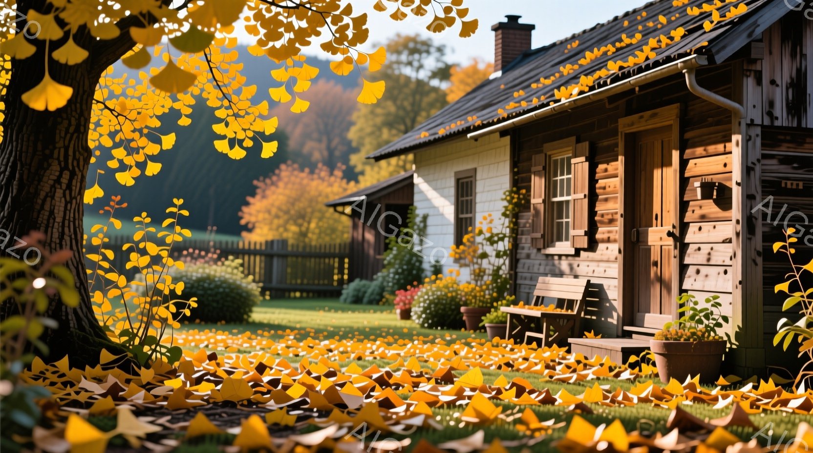 秋の風景が広がり、地面は黄色いイチョウの葉で覆われています。木造の可愛らしい家が穏やかに佇み、庭には手入れされた低木と鉢植えの花が彩りを添えています。背景には緑豊かな丘が連なり、暖かく穏やかな秋の日の雰囲気が漂っています。