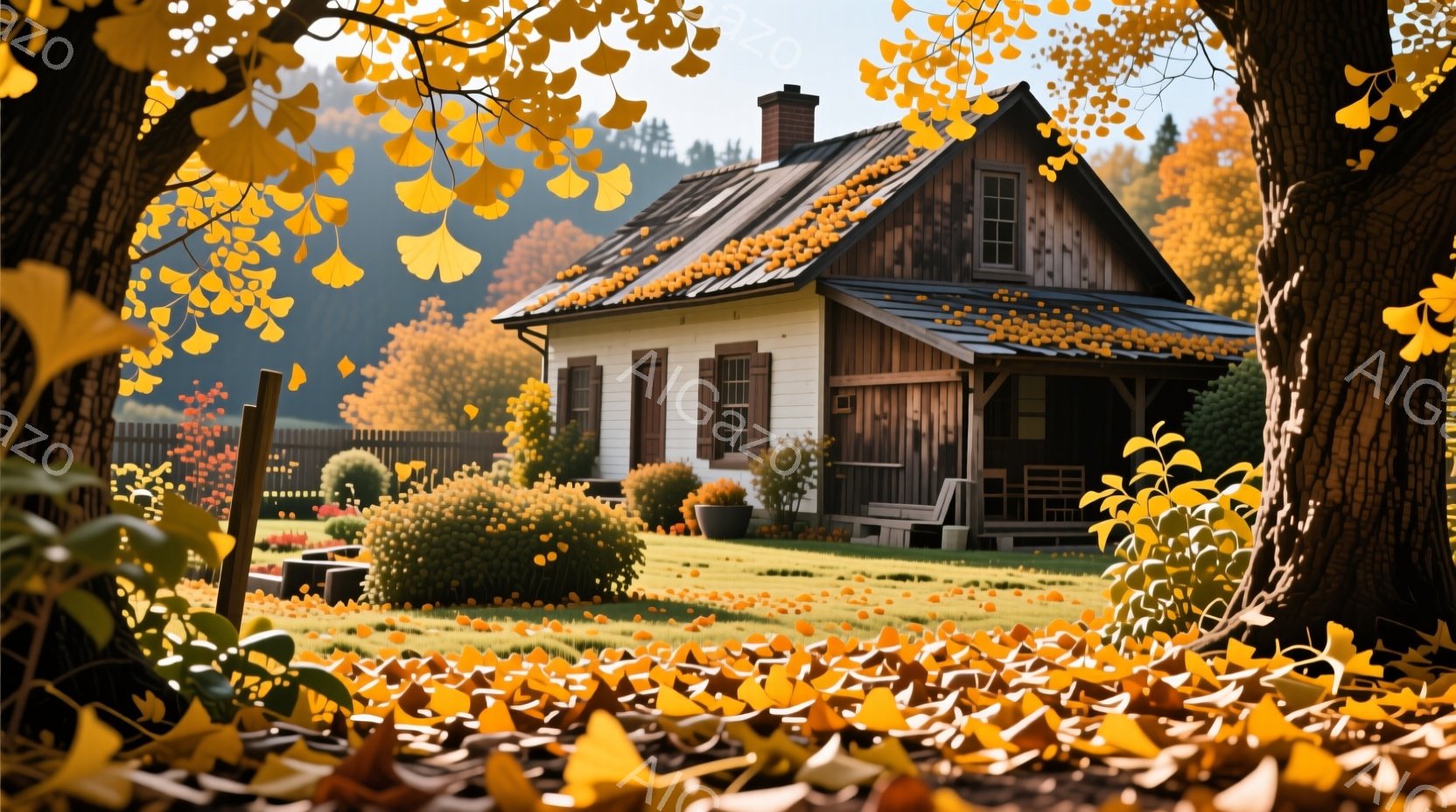 鮮やかな秋の色に囲まれた、趣のある木造の家が印象的です。庭には手入れされた低木や花壇があり、家の前にはベンチが置かれています。背景には緑豊かな丘陵が広がり、暖かく穏やかな秋の雰囲気を醸し出しています。