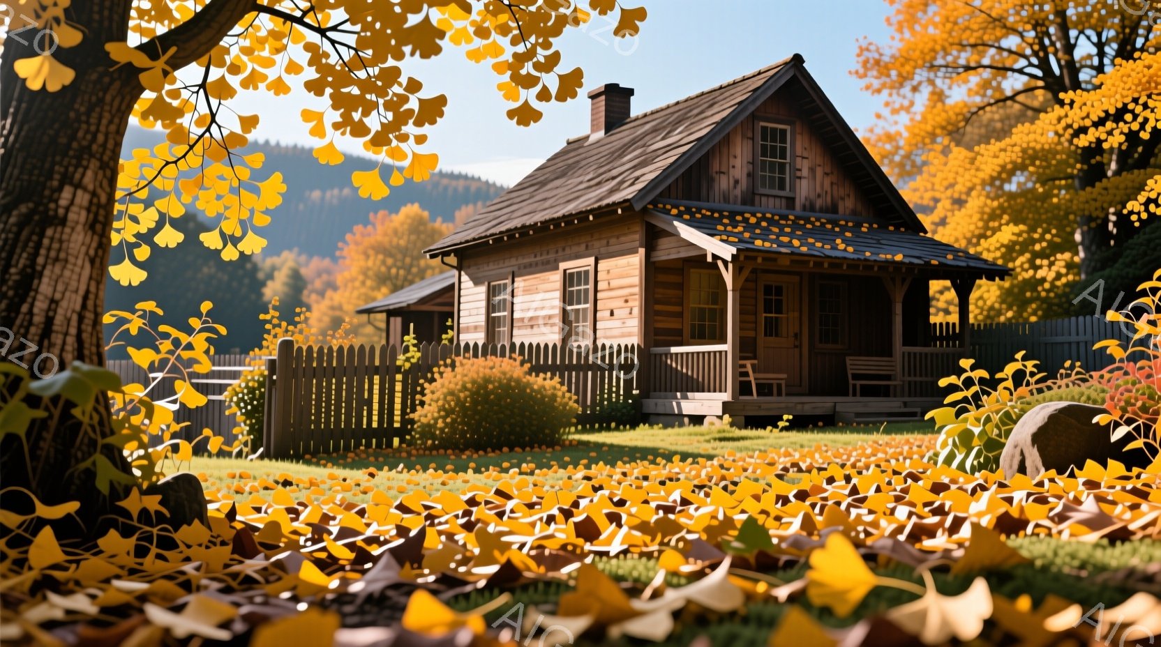 鮮やかな黄葉に囲まれた、素朴な木造の家が写っている。緑の芝生とフェンス、背景には穏やかな丘陵が広がり、秋の穏やかな陽光が降り注いでいる。全体的に、暖かく、落ち着いた、牧歌的な雰囲気が漂っている。